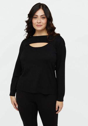 Pulover negru cu mâneci lungi, având un decolteu în formă de semicerc cu un decupaj, accente texturate și o croială lejeră. Material fin tricotat.