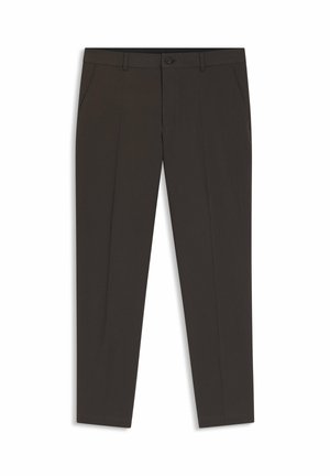 Pantalon habillé marron foncé coupe slim avec passants pour ceinture, fermeture avant à boutons et poches latérales, posé à plat sur un fond blanc.
