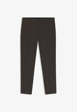 Dunkelbraune, schmal geschnittene Anzughose mit Gürtelschlaufen, vorderer Knopfverschluss und Seitentaschen, flach auf weißem Hintergrund ausgelegt.