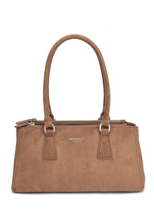 Borsa a tracolla in camoscio marrone con doppi manici, chiusura a zip argentata e logo "DIANA&CO FIRENZE" al centro frontale.