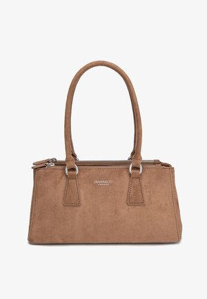 Brown suede handbag with dual handles, silver zipper closure, and "DIANA&CO FIRENZE" logo on the front center.