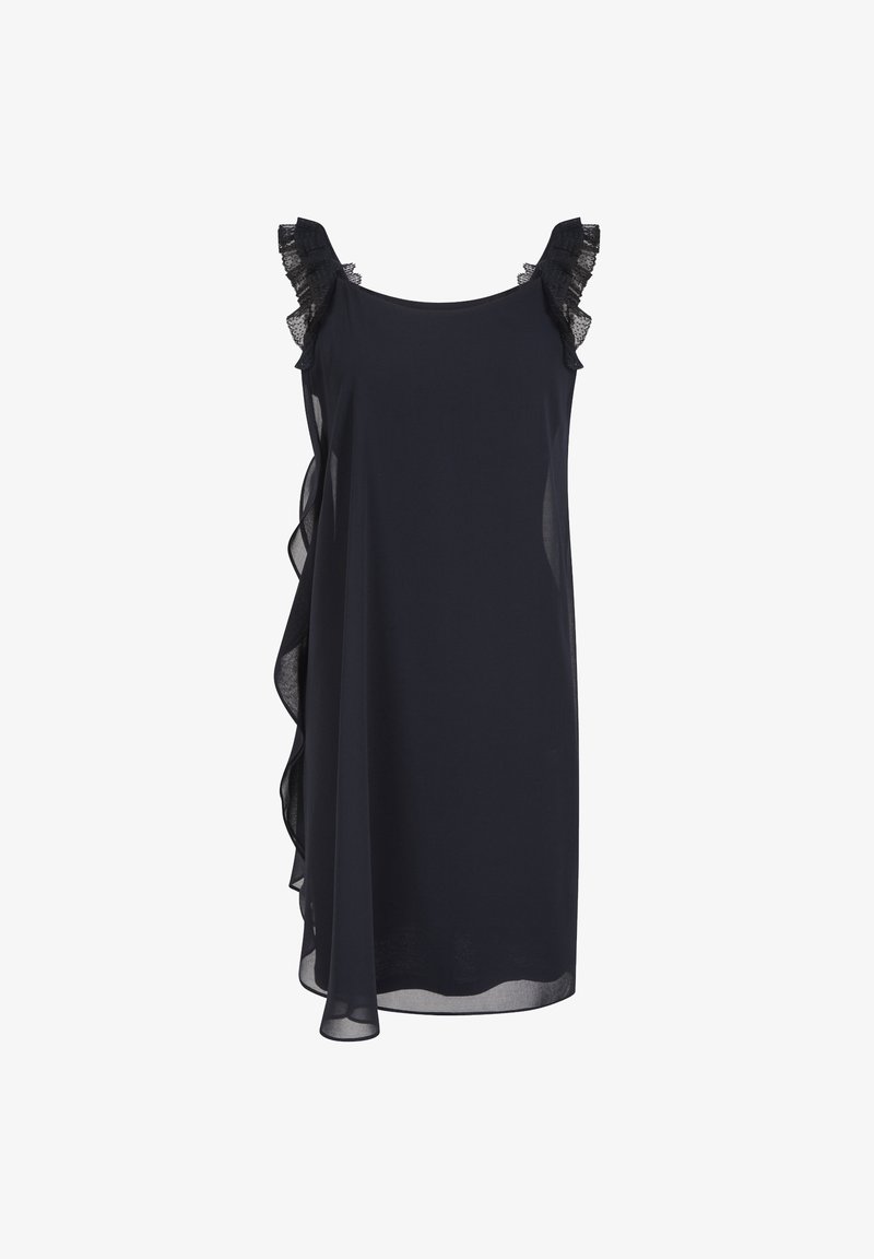 Robe bleu marine sans manches avec bretelles en dentelle à volants et volants transparents en couches descendant le long du côté gauche.