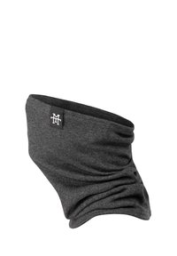 Dark gray neck gaiter with a smooth texture, featuring gathered fabric and a small logo tag. Soft material designed for warmth and comfort.