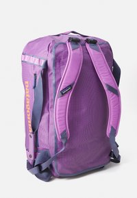 Purple Patagonia backpack with padded shoulder straps, side handle, and visible brand logo on side and strap against white background.