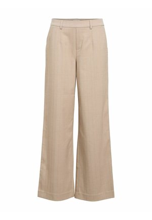 Beige wide-leg trousers with belt loops, front pockets, and a hidden front closure, made from a smooth fabric.