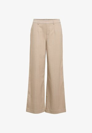 Beige Hosen mit weitem Bein, Gürtelschlaufen, Vordertaschen und einem verdeckten Frontverschluss, hergestellt aus einem glatten Stoff.