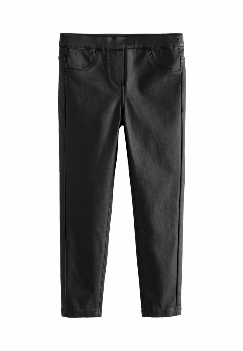 Pantalones negros de tela de mezcla de algodón. Presentan un corte ajustado, dos bolsillos frontales y detalles de costura a lo largo de las costuras laterales.