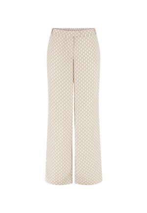 Beige wijd uitlopende broek met een overal terugkerend bruin "MD" monogram patroon en een elastische tailleband.