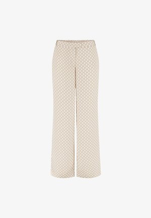 Beige wijd uitlopende broek met een overal terugkerend bruin "MD" monogram patroon en een elastische tailleband.