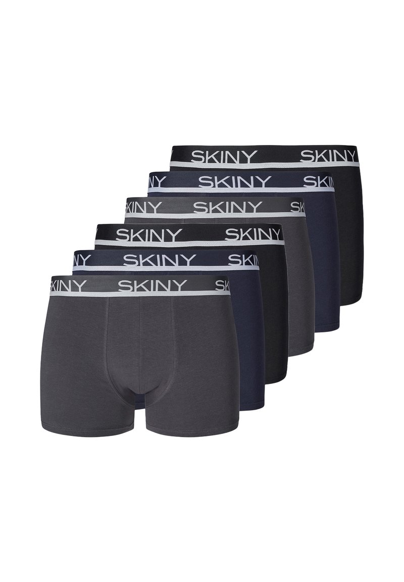 Boxer da uomo in confezione da sei, con una combinazione di colori grigio scuro e nero, dotati di una cintura elasticizzata con il logo "SKINY" in bianco.