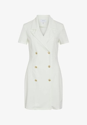 Kratka bela obleka s kratkimi rokavi in dvojnim zapiranjem, ki ima zlate gumbe in krojen silhueto. Gladek material z rahlim leskom.