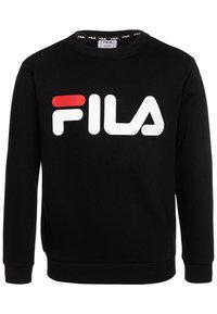 Sudadera de manga larga negra con el logo de FILA en letras blancas y rojas en negrita, centrado en el pecho, con puños y dobladillo de canalé.