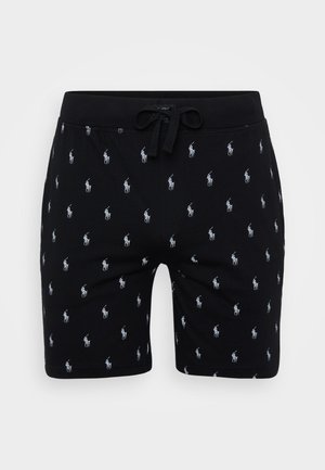 Shorts neri in cotone con motivo logo ricamato bianco, dotati di cintura elastica e chiusura con cordino. Design frontale piatto.