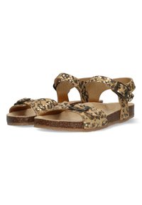 Leopardenmuster-Sandalen in Beigetönen und Braun, mit verstellbaren Riemen und einer strukturierten Sohle für besseren Halt. Akzentuiert mit metallischen Punkten.