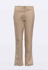 Pantaloni bej cu design cu picior drept, având închidere cu nasture, bucle pentru curea și textură de material neted și ușor.