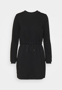 Svart sweatshirtklänning med långa ärmar, rund halsringning och dragsko i midjan. Slät textur med muddärmar och en lös passform.