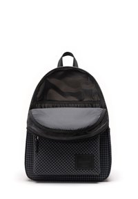 Black backpack with a geometric pattern, fabric exterior, zippered front pocket, and smooth lining, featuring a top handle and adjustable straps.