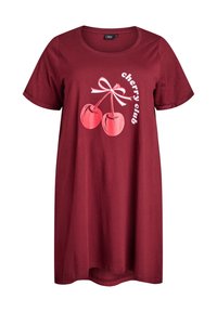 Vinrød T-shirt-kjole lavet af bomuld, med korte ærmer, rund halsudskæring og en pink kirsebærgrafik med teksten "cherry club".