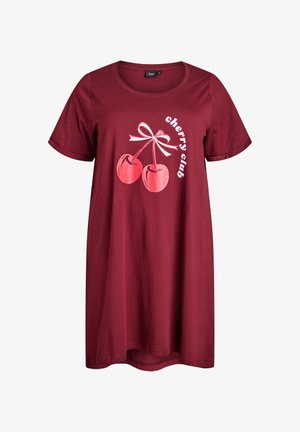 Marooninpunainen T-paitamekko, valmistettu puuvillasta, jossa on lyhyet hihat, pyöreä pääntie ja vaaleanpunainen kirsikkakuva, jossa teksti "cherry club".