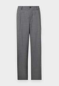 Gray tailored trousers featuring a subtle striped pattern, a front button closure, and a straight-leg design. No visible pockets.