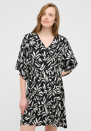 Schwarzes kurzes Kleid mit einem weißen Blätterdruck, V-Ausschnitt, halben Ärmeln und Knopfdetails auf der Vorderseite. Leichter Stoff.
