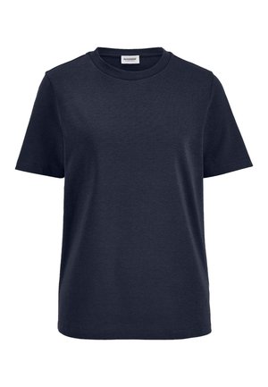 Marineblaues T-Shirt mit kurzen Ärmeln und Rundhalsausschnitt, mit einem kleinen weißen Etikett in der Innenseite des Kragens.