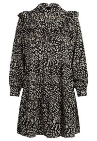 Robe noire avec imprimé léopard abstrait crème, encolure froncée, manches bouffantes longues et design en niveaux. Fabriquée en tissu léger.