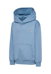 Lichtblauwe hoodie van zachte stof, met een zak aan de voorkant, geribbelde manchetten en een capuchon met trekkoord. Klein logodetail op de borst.