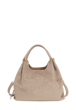 Borsa a tracolla in suede beige con una texture morbida, doppio manico superiore, dettagli in hardware dorato e un design morbido. Include una tracolla regolabile.