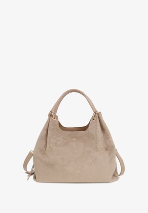 Borsa a tracolla in suede beige con una texture morbida, doppio manico superiore, dettagli in hardware dorato e un design morbido. Include una tracolla regolabile.