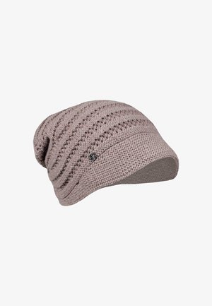 Cappello a berretto lavorato a maglia in rosa chiaro, con motivi testurizzati, un design morbido e un piccolo logo accento sul lato.