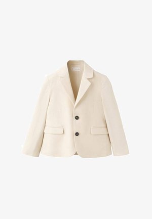 Beiger Blazer, einreihig, mit einem Reverskragen, zwei Fronttaschen und zwei schwarzen Knöpfen. Glatter Stoff mit einer strukturierten Gestaltung.