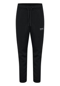 Zwarte trainingsbroek van zacht materiaal, met een elastische tailleband met trekkoord, taps toelopende pijpen en een subtiele logomedaille.