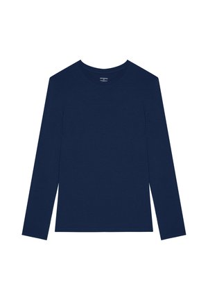 Maglietta girocollo a maniche lunghe di colore blu navy con un design semplice e aderente su uno sfondo bianco.