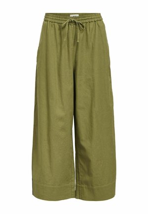 Roheline laiad püksid kergest materjalist, pa elastne vöökoht ja tõmblukuga, sileda ja tekstuurita pinnaga.