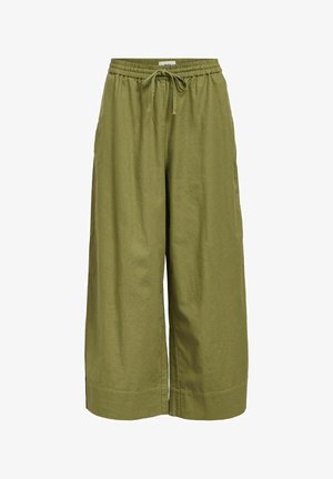 Zelené kalhoty s širokými nohavicemi vyrobené z lehkého materiálu, s elastickým pasem na šňůrku a hladkým, beztexturovaným povrchem.