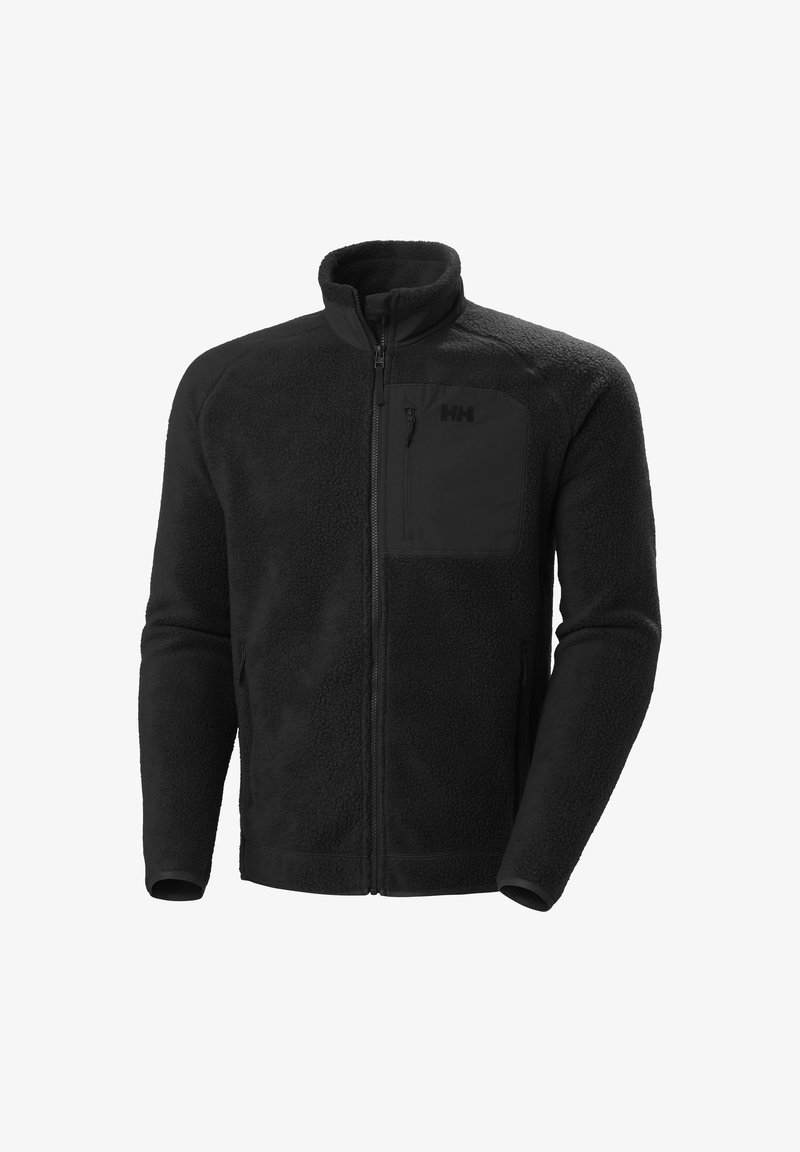 Black fleece jacket featuring a zip closure, high collar, and a chest pocket with a logo. Textured fabric with smooth accents.