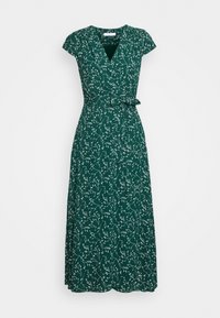 Grünes, blumiges Maxikleid mit V-Ausschnitt und kurzen Ärmeln. Es hat eine Bindung in der Taille und ein fließendes Design mit weißen botanischen Mustern.