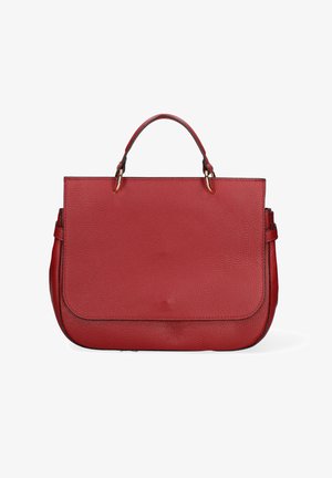 Borsa a mano in pelle rossa con manico superiore, angoli inferiori arrotondati e texture sottile, mostrata su sfondo bianco.