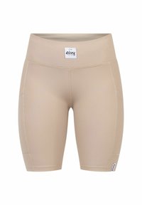 Beige fietsbroek gemaakt van ribbelstof, met een brede tailleband en zijzakken. Merkenlabel bij de taille en zoom.