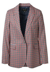 Czerwono-niebieska marynarka w kratę z klapami z wycięciem, zapinana na jeden guzik, z kieszeniami z przodu. Wykonana z teksturowanej tkaniny.