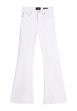 Hvide vide jeans lavet af denim, med knap-lukning, fem lommer og sølvfarvede nitter. Glat tekstur med stikninger.