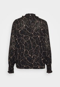 Blusa nera con un design fluido, caratterizzata da un motivo astratto beige a contrasto, maniche lunghe e polsini arricciati. Scollo arricciato sul retro.
