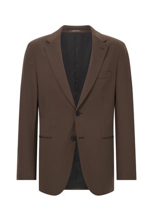 Brązowa marynarka wykonana z gładkiego materiału. Posiada klapy w kształcie ucha, dwa guziki, kieszenie boczne oraz czarne podszewk�ę.