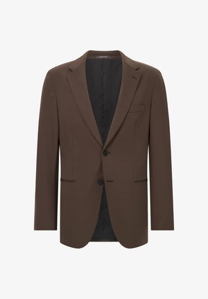 Hnědý sako vyrobené z hladké látky. Má klopové límce, dva knoflíky, boční kapsy a černou podšívku.