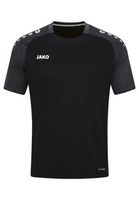 Zwarte sport t-shirt met korte mouwen, voorzien van een gestructureerd grijs patroon op de schouders en zijkanten, logo op de voorkant, ronde halslijn.