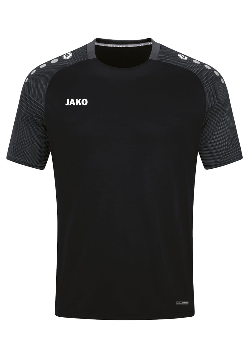 Zwarte sport t-shirt met korte mouwen, voorzien van een gestructureerd grijs patroon op de schouders en zijkanten, logo op de voorkant, ronde halslijn.