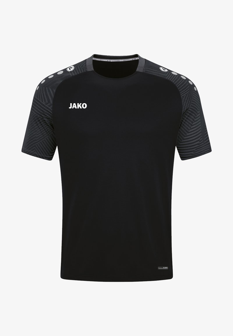 Schwarzes Sport-T-Shirt mit kurzen Ärmeln, mit einem strukturierten grau Muster an Schulter und Seiten, Logo auf der Vorderseite, runder Ausschnitt.