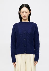 Γυναίκα με ίσια μαύρα μαλλιά, φορώντας έναν σκοτεινό μπλε πλεκτό κασκόλ πάνω από ένα μπλε πουλόβερ και μπεζ πλισέ παντελόνι, που στέκεται μπροστά σε λευκό φόντο.