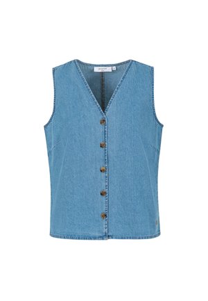 Ærmeløs blå denimvest med V-hals og fem brune knapper foran, lagt fladt på en hvid baggrund.